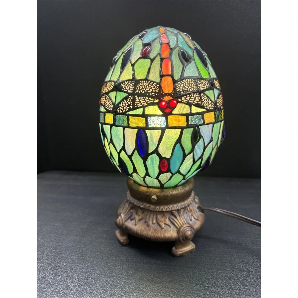 Dale Tiffany Dragonfly Motif Egg Shaped Stained Glass Accent Lamp